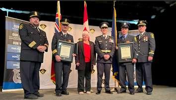 From left to right: Phil Eagelson, Fire Chief- Owen Sound Fire and Emergency Services, Jeff Gautreau, Fire Chief- Inter-Township Fire Department, Mayor Sue Carleton, Township of Georgian Bluffs,  Thomas Carrique, Ontario Provincial Police Commissioner, Jay Gow, Firefighter Owen Sound Fire and Emergency Services, Jason Redmond, Training Officer Owen Sound Fire and Emergency Services (Photo provided by Township of Georgian Bluffs)