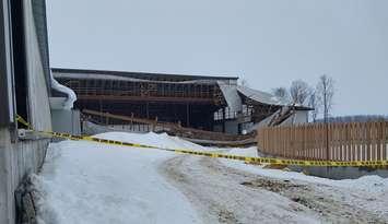 A barn collapse on Road 146 between Perth Lines 88 and 89 in North Perth, February 25, 2025. Photo provided by Perth OPP.