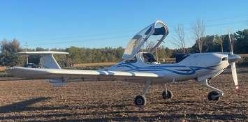 A small plane is seen in a Central Huron field following an emergency landing on October 10, 2024. Photo courtesy OPP West Region/X.