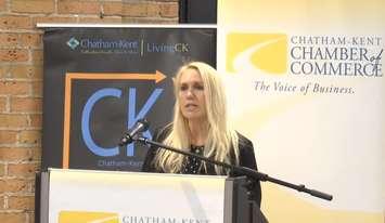 Gail Hundt, President and CEO of the Chatham-Kent Chamber of Commerce hosts an all-candidates forum ahead of the Ontario election. (Photo courtesy of the Chatham-Kent Chamber of Commerce via Facebook)