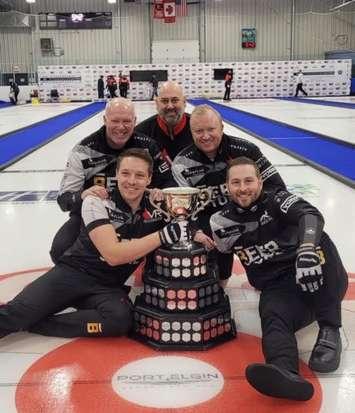 Team Howard celebrates its win at the 2022 Ontario Tankard in Saugeen Shores. (Photo courtesy of the Port Elgin Chrysler '22 Ontario Tankard Presented By Bruce Power Committee)