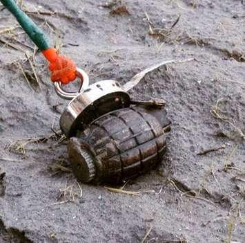 Wallaceburg couple discovers frag-grenade while magnet-fishing in Thamesville. March 08, 2020. Photo via Brianna Clarke.