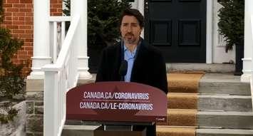 Justin Trudeau during March 28, 2020 media conference (Screen grab via Justin Trudeau Facebook)
