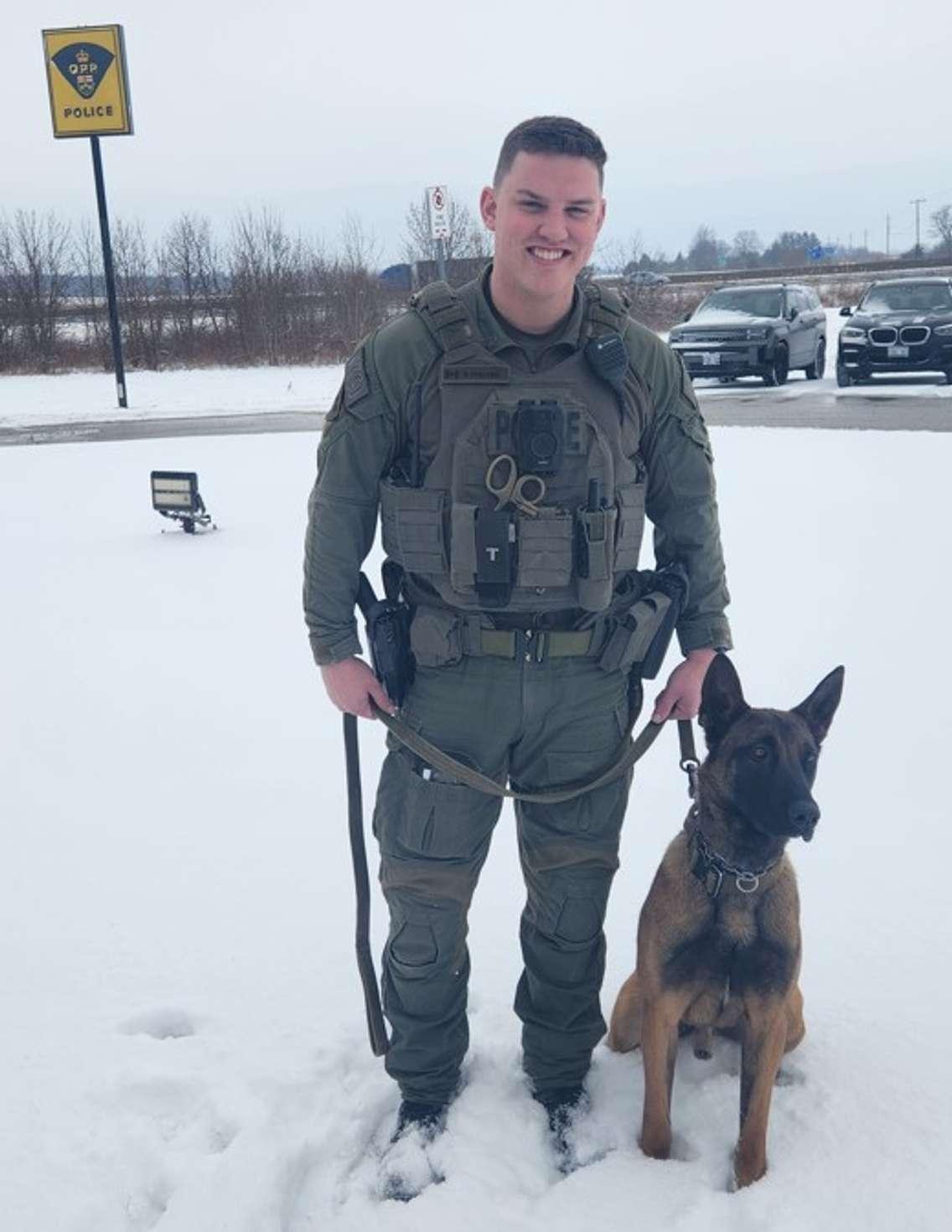 (Constable Brett Holland and Vinny courtesy of the Ontario Provincial Police)