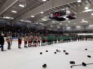 After clinching their 4th straight WOAA AA Senior title, the Clinton Radars shake hands with the Ripley Wolves, who they beat 4 games to 1. April 5th, 2019 (Photo by Bob Montgomery)