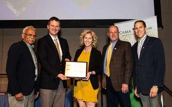 (Left to right) Louis Coutinho, Chair for the 2019 CAMA Awards Jury, CAMA representative for Nova Scotia & PE; Jay Pausner, Supervisor, Development Services, Town of Saugeen Shores;  Jessica Linthorne, Manager, Strategic Initiatives, Town of Saugeen Shores;  David Smith, CAO, Town of Saugeen Shores;  and Marc Landry, President of CAMA and City Manager for the City of Moncton, NB (photo submitted) 