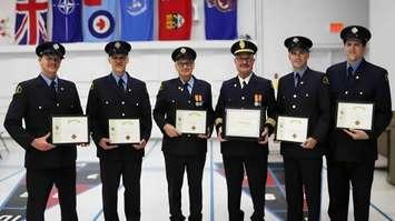 Photo Cutline: Left to right - Years of Service Recipients Jeff Thomson, Richard Stackhouse, Glen McKee, Jeff Gautreau, Nate Downing, and Travis Belrose. Absent: Jenna Bergeron. Photo from the Inter Township Fire Department 