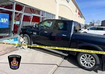 A pickup truck crashed into the front of the Canada Post outlet at 433 Norwich Ave., March 11, 2024. Photo provided by Woodstock police.