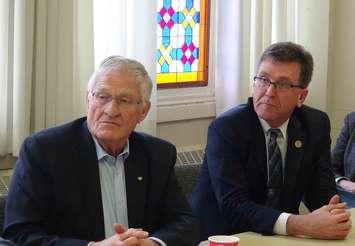 Ontario Agriculture Minister Ernie Hardeman (L) and Bruce-Grey Owen Sound MPP Bill Walker (R) at the Owen Sound roundtable discussion Tuesday, Dec. 18th.  (photo by Kirk Scott)