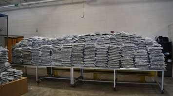 A seizure of over 2,500 pounds of marijuana is displayed at the Fort Street Cargo Facility in Detroit, July 26, 2021. Photo submitted by US Customs and Border Protection.