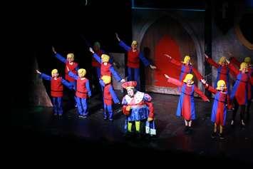 Shrek the Musical Junior performed in front of a school crowd at Blyth Festival Theatre. Lord Farquaad leads a Duloc crowd. (Photo by Heather Gallina Photography)