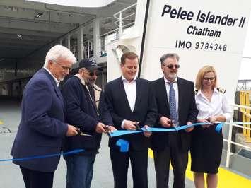 The ceremonial ribbon is cut on the Pelee Islander II in Leamington, April 5, 2019. Photo by Mark Brown/Blackburn News.