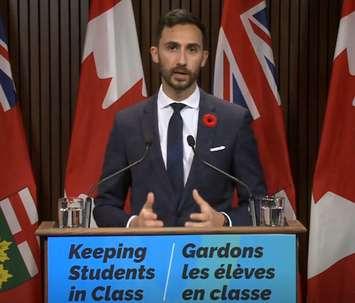 Education Minister Stephen Lecce speaks to the media. Image captured via ola.org.