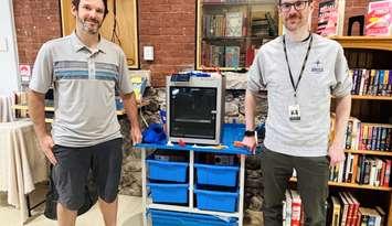 Peter Stanley and Stephen Wood with the new 3D printer at the public library in Port Elgin. Photo provided by Bruce County Public Library.