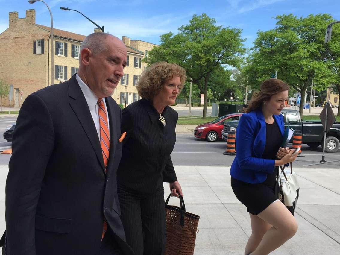 Ruth Burger arrives at the London court house with her lawyer, Ron Ellis. Monday, June 1, 2015. Photo by Ashton Patis