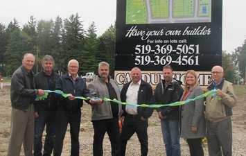 (left to right)  Brockton Deputy Mayor Dan Gieruszak, Director of Operations Jamie Morgan, Mayor David Inglis, Candue Homes Representatives Don Tremble, Ralph Haverkamp, and Joerg Weller, Brockton CAO Sonya Watson, and Councillor Dean Leifso (photo submitted by Municipality of Brockton) 