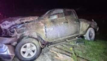 A pickup truck damaged in a crash on Grey Road 4 in Flesherton, August 12, 2025. Photo provided by Grey Bruce OPP.