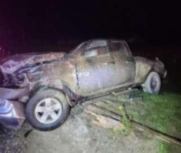 A pickup truck damaged in a crash on Grey Road 4 in Flesherton, August 12, 2025. Photo provided by Grey Bruce OPP.