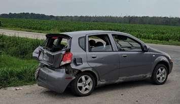 A vehicle damaged in a crash at Concession 2 and Sideroad 5 Greenock just west of Walkerton, July 16, 2025. Photo provided by South Bruce OPP.