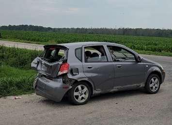 A vehicle damaged in a crash at Concession 2 and Sideroad 5 Greenock just west of Walkerton, July 16, 2025. Photo provided by South Bruce OPP.