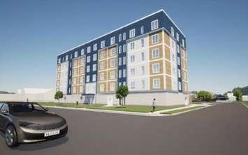 An artist rendering of a proposed apartment tower at Exmouth Street and Melrose Avenue. Image captured from Sarnia council March 3, 2025 agenda.