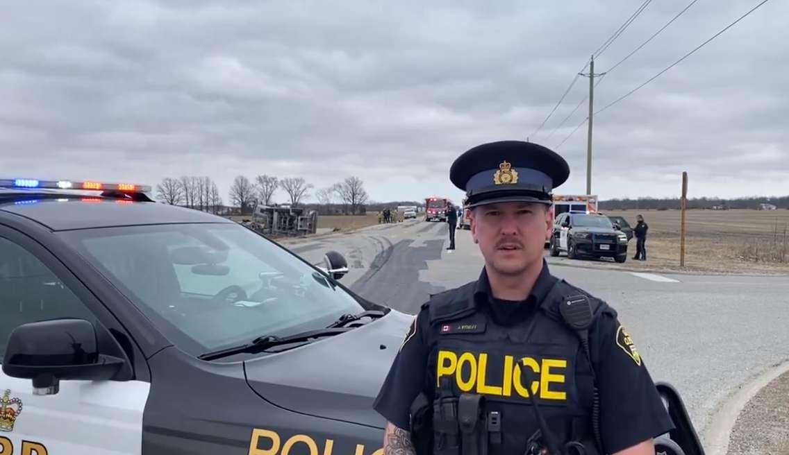 OPP Cst. Jamie Bydeley at the scene of a fatal collision in Enniskillen Township. March 8, 2024. (Screenshot of video posted to X by West Region OPP)