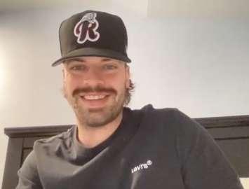 Founder of McFadden's Movement, and former Guelph Storm Captain and current Reading Royals Captain, Garrett McFadden, in conversation with CKNX's Ryan Drury on Mental Health Awareness Week. (Photo by Ryan Drury)