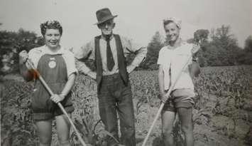 Nick Sitter of Thedford, who was referred to as "Grandpa Sitter" supervised the farmerettes and kept their hoes sharp. (Photo submitted by Bonnie Sitter).