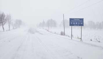 Heavy snow and blowing snow reduce visibility heading into Chesley. (Photo by Jeff Irwin, Blackburn Media)