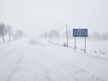 Heavy snow and blowing snow reduce visibility heading into Chesley. (Photo by Jeff Irwin, Blackburn Media)