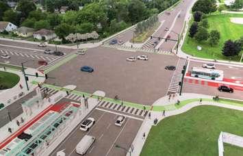 A conceptual rendering of the East London Link Phase 3C at the Highbury Avenue North and Oxford Street East intersection. Image provided by the City of London
