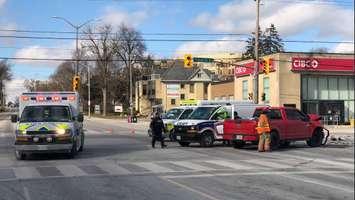 Photo of a collision involving a pick-up truck and police van at Richmond St. and Oxford St. on Thursday, February 29, 2024. Photo by Scott Kitching