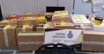 An assortment of confiscated tobacco products is displayed by the Canada Border Services Agency at the Ambassador Bridge in Windsor, August 21, 2024. Photo courtesy Border Services Southern Ontario Region/X.