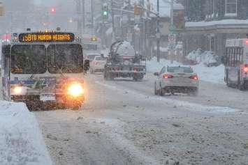 Vehicles travel down a snow covered Richmond Street in London. (File photo by Miranda Chant, Blackburn Media)