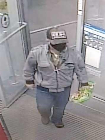 Perth County OPP are hoping the public can help identify this suspect, who stole a large number of items from a business in Listowel on May 7th, 2021 (Photo courtesy of Perth County OPP)