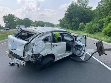 One person sustained non-life threatening injuries during a single-vehicle crash on HWY 402 WB. June 20, 2023. Photo supplied by OPP. 