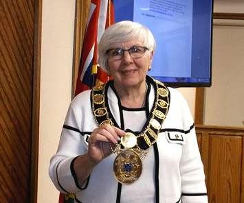 Meaford Mayor Barbara Clumpus shows the official chain of office she wears at council meetings. 
Photo by James Armstrong  