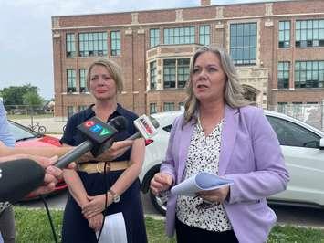 Ontario NDP leader Marit Stiles and MPP Lisa Gretzky outside Prince Edward School in Windsor, June 19, 2024. (Photo by Maureen Revait) 