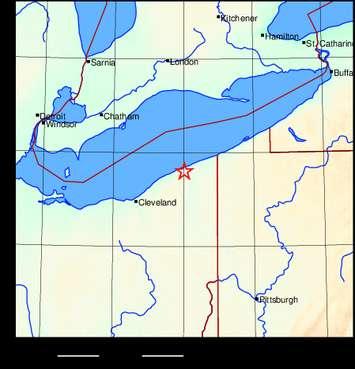 An image from earthquakes Canada showing the centre of a quake that was felt in St. Thomas on August 27th, 2023.