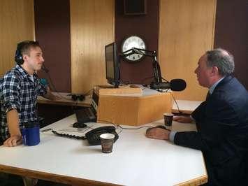 CKNX's Marty Thompson (left) talks to Senator Jim Munson (right) on Friday. // @ElectAllanT