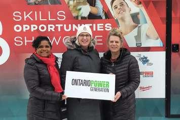 OPG supports new Skilled opportunities showcase trailer from Four County Labour Market Planning Board.  
Gemma Mendez-Smith, executive director, FCLMPB Lynda Cain, OPG , Debbie Davidson, SOS2.0 coordinator $10,000 cheque 