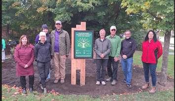 Left to right: BVCS Principal Julie Phillips, BVCS Teacher Audrey Macdonald, Garden Holistics Landscapers/BVCS Parents Shannon and Gabe Matamoros, Volunteer Arnis Pukitis, Tree Canada Representative Ed Borczon, Haltoncreative Graphic Designer Trevor Halton, Home Hardware Manager/BVCS Parent Lisa Cronin.   Photo from BWDSB