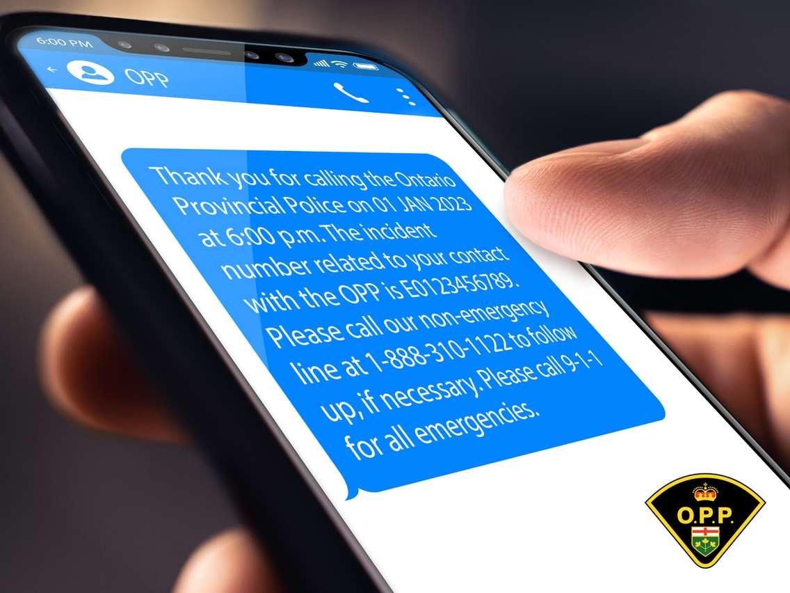 The OPP provides an example of the text-messaging you may receive as part of a new engagement initiative, starting July 10, 2023. Image provided by Ontario Provincial Police.