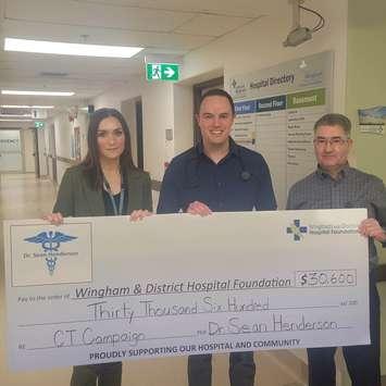 Pictured: WDHF Executive Director Nicole Duquette-Jutzi, Dr. Sean Henderson, LWHA CEO Karl Ellis.  Photo Submitted by the Wingham and District Hospital Foundatoin