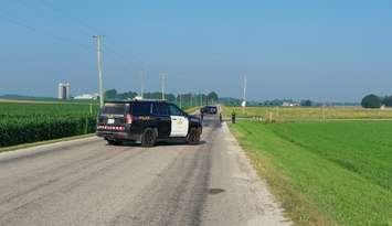 OPP block off the intersection of Concession 4 and Sideroad 20 after a crash, July 16, 2025. Photo provided by South Bruce OPP