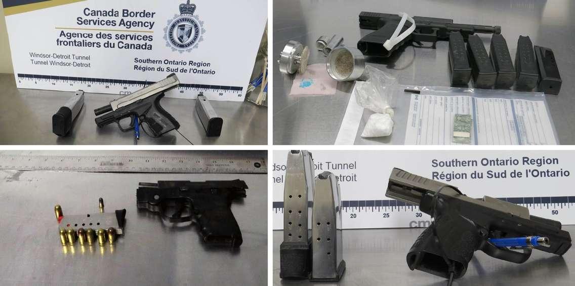 A compilation of weapons, ammunition, and other items confiscated by Canada Border Services Agency agents in Windsor between February 10 and February 15, 2025. Photos courtesy Border Services SOR/X.