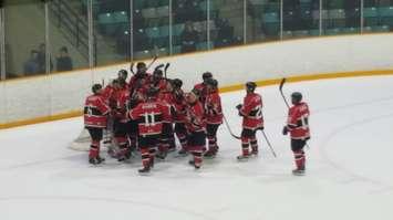 The Listowel Cyclones celebrate a semi-final win in the GOJHL playoffs on March 22, 2017. (Photo by Steve Sabourin)