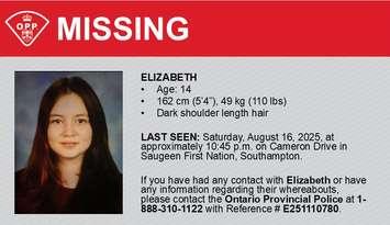 Grey Bruce OPP is searching for 14-year-old Elizabeth (Photo by: OPP)