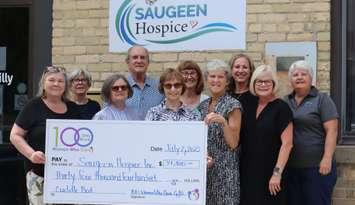 Rose Austin, Elle Locke, Jenny Iserman, Ken Brown, First Chair Saugeen Hospice, Monica O'Hagan, Nancy MacKay, Beverlee Gateman, Bobbi Phillippi, Lynda Legge and Carol Kraft, Chair.  (Photo provided by 100 Women Who Care Grey Bruce)