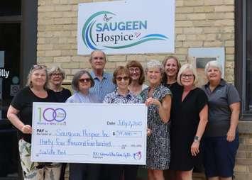Rose Austin, Elle Locke, Jenny Iserman, Ken Brown, First Chair Saugeen Hospice, Monica O'Hagan, Nancy MacKay, Beverlee Gateman, Bobbi Phillippi, Lynda Legge and Carol Kraft, Chair.  (Photo provided by 100 Women Who Care Grey Bruce)